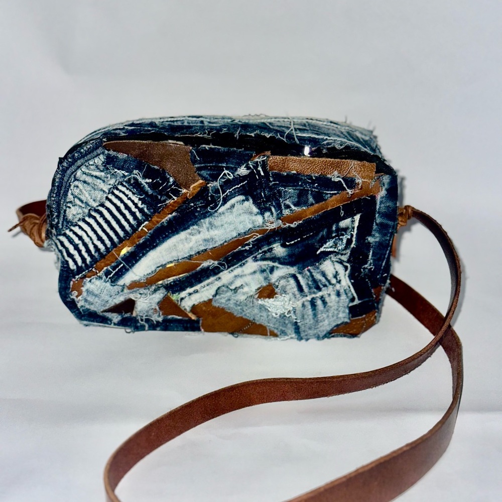 Denim Patchwork Crossbody With Brown Leather Strap - image 1